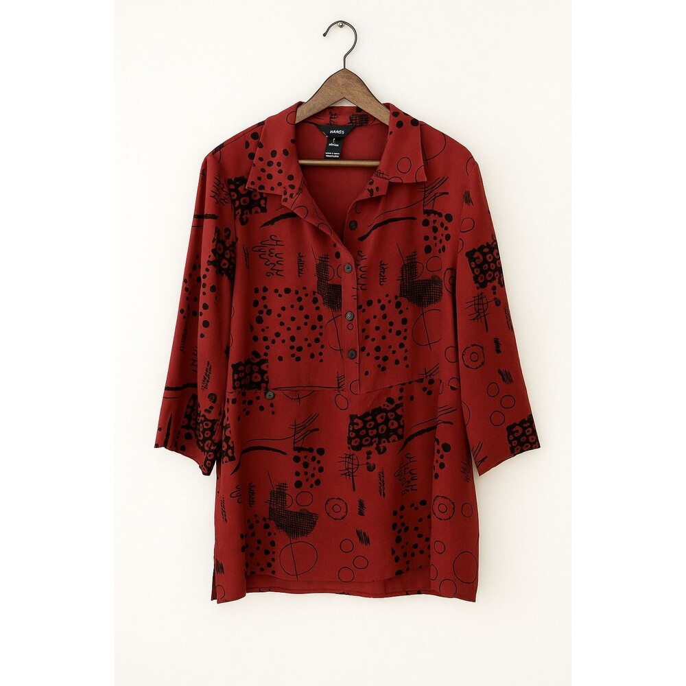 Ali‎ Miles Blouse Tunic Womens Size Large Red Abstract Print Artsy Lagenlook